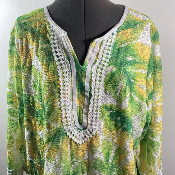 Alford Dunner Top Women Size Large Green & Yellow Long Sleeve V Neck - Picture 2 of 9